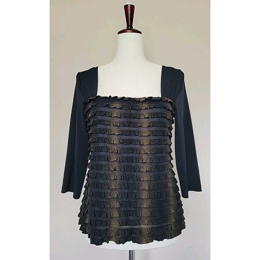 Vtg AGB Top Sz S Ruffles Square Neck Y2K Whimsigoth Gold Black 3/4 Sleeve Fairy